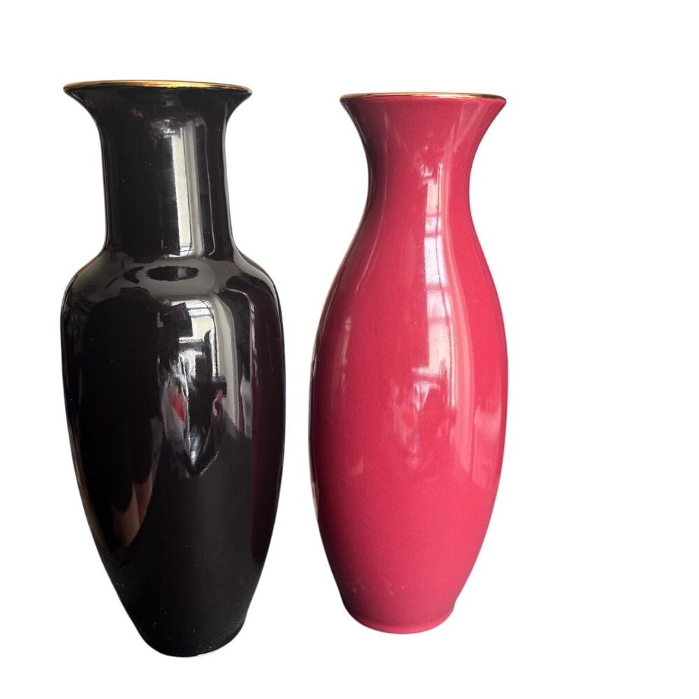 Set Of‎ 2 Imperial Made In Japan Red Black Peacock Floral Vases Gold Tone Accent - Picture 2 of 5